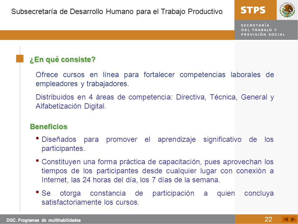¿En qué consiste Ofrece cursos en línea para fortalecer competencias laborales de empleadores y trabajadores.