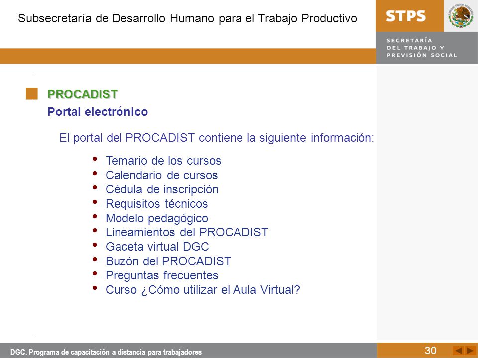 El portal del PROCADIST contiene la siguiente información: