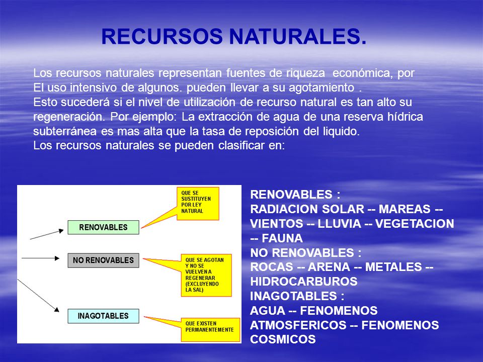 RECURSOS NATURALES. Los recursos naturales representan fuentes de riqueza económica, por.
