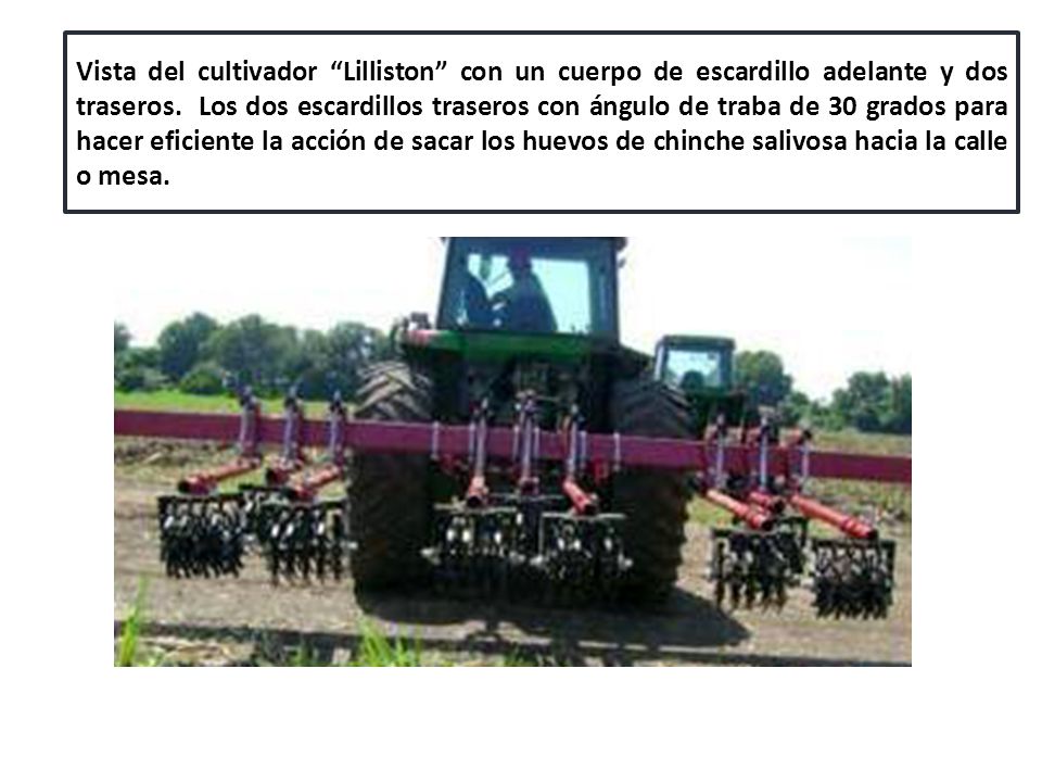 Vista del cultivador Lilliston con un cuerpo de escardillo adelante y dos traseros.