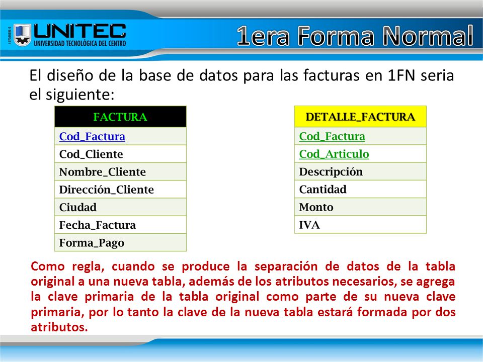1era Forma Normal El diseño de la base de datos para las facturas en 1FN seria el siguiente: