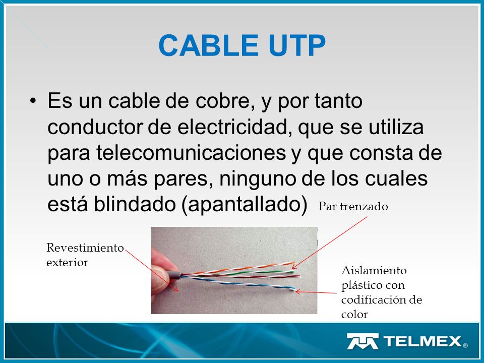 CABLE UTP Es un cable de cobre, y por tanto conductor de electricidad, que  se utiliza para telecomunicaciones y que consta de uno o más pares,  ninguno. - ppt descargar