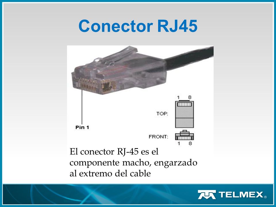 Conector RJ45 El conector RJ-45 es el componente macho, engarzado al extremo del cable