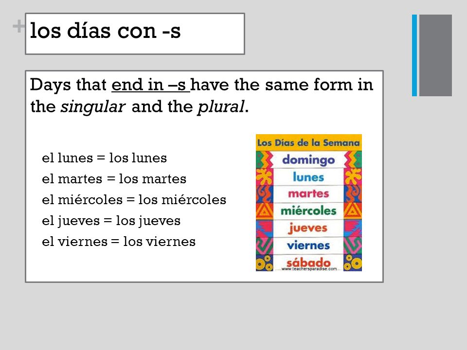 los días con -s Days that end in –s have the same form in the singular and the plural. el lunes = los lunes.