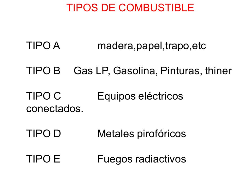 TIPOS DE COMBUSTIBLE TIPO A madera,papel,trapo,etc. TIPO B Gas LP, Gasolina, Pinturas, thiner. TIPO C Equipos eléctricos conectados.