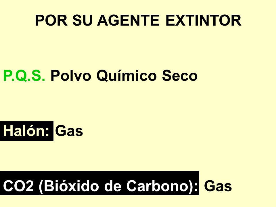 POR SU AGENTE EXTINTOR P.Q.S. Polvo Químico Seco Halón: Gas CO2 (Bióxido de Carbono): Gas