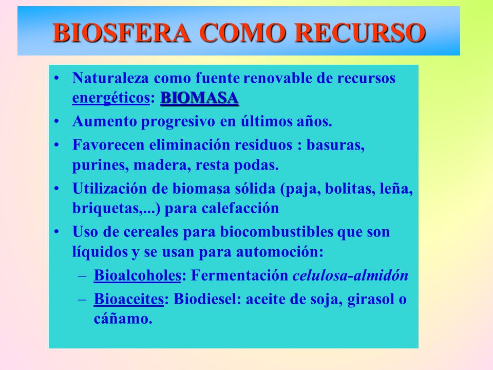 BIOSFERA COMO RECURSO Naturaleza como fuente renovable de recursos energéticos: BIOMASA. Aumento progresivo en últimos años.