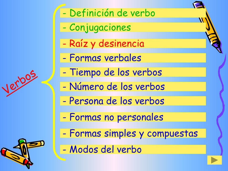 Verbos - Definición de verbo - Conjugaciones - Raíz y desinencia