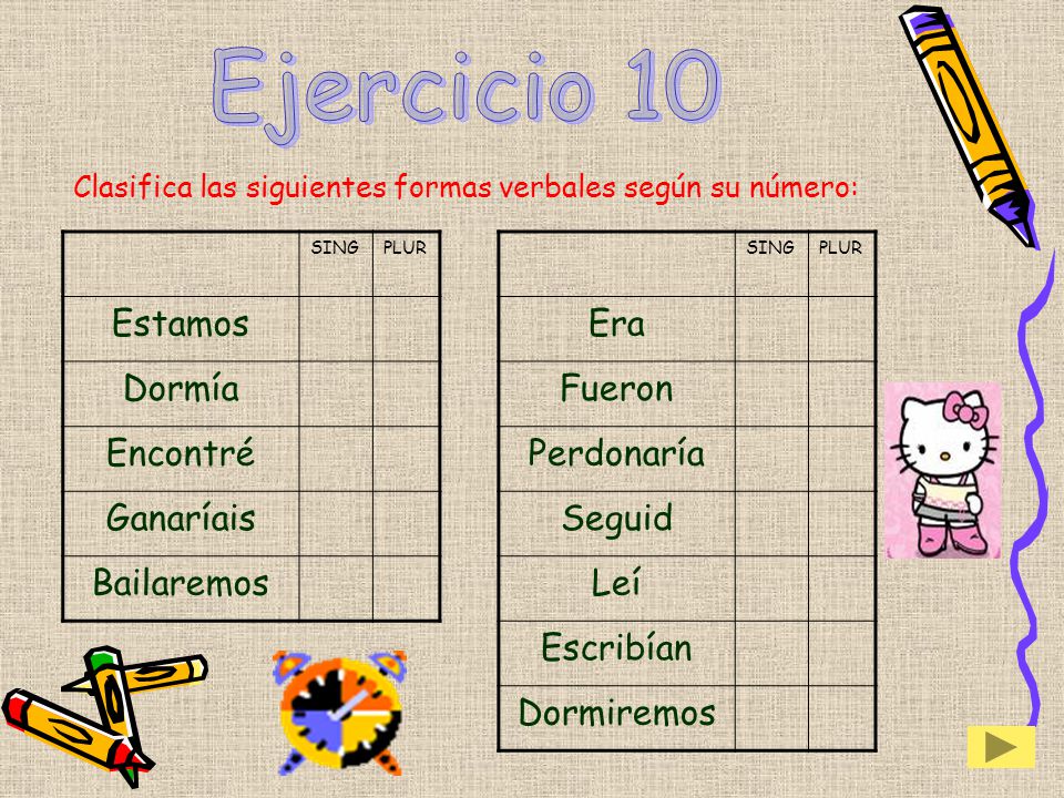 Ejercicio 10 Estamos Dormía Encontré Ganaríais Bailaremos Era Fueron