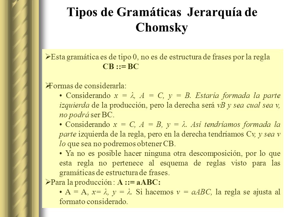 Tipos de Gramáticas Jerarquía de Chomsky