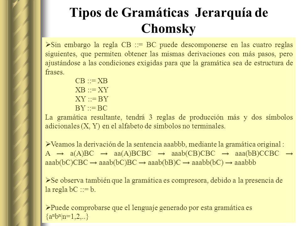 Tipos de Gramáticas Jerarquía de Chomsky