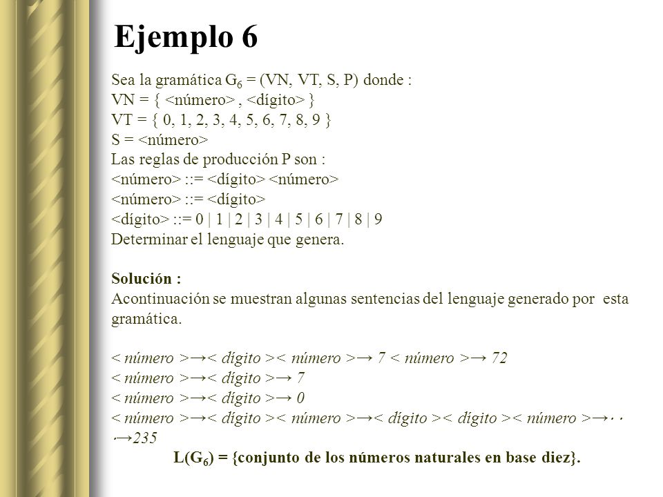 L(G6) = {conjunto de los números naturales en base diez}.