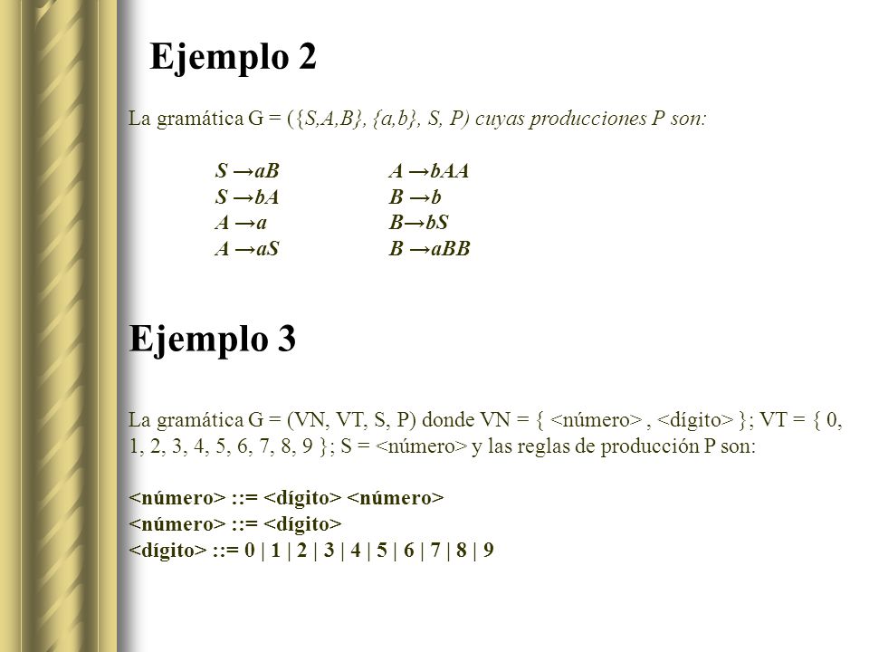 Ejemplo 2 La gramática G = ({S,A,B}, {a,b}, S, P) cuyas producciones P son: S →aB A →bAA. S →bA B →b.