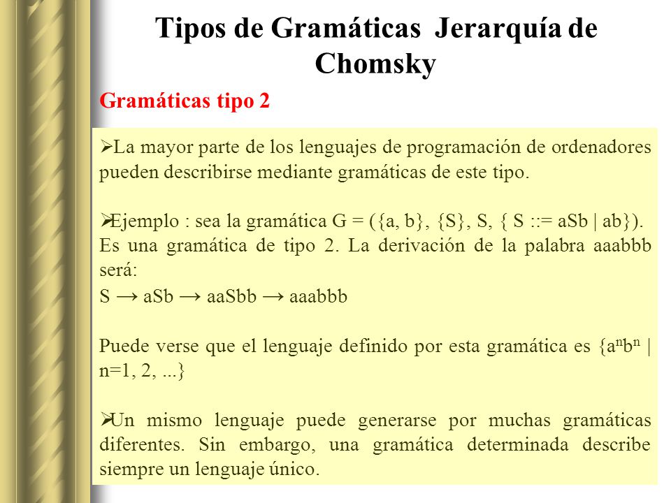 Tipos de Gramáticas Jerarquía de Chomsky