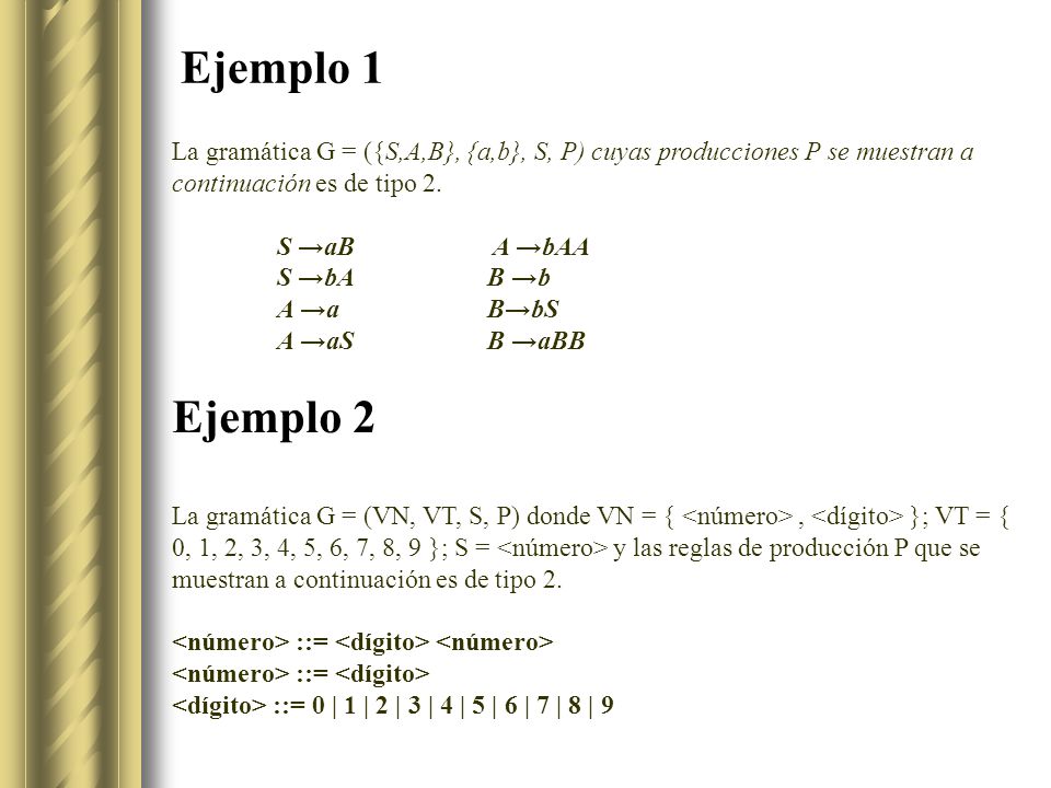 Ejemplo 1 La gramática G = ({S,A,B}, {a,b}, S, P) cuyas producciones P se muestran a continuación es de tipo 2.