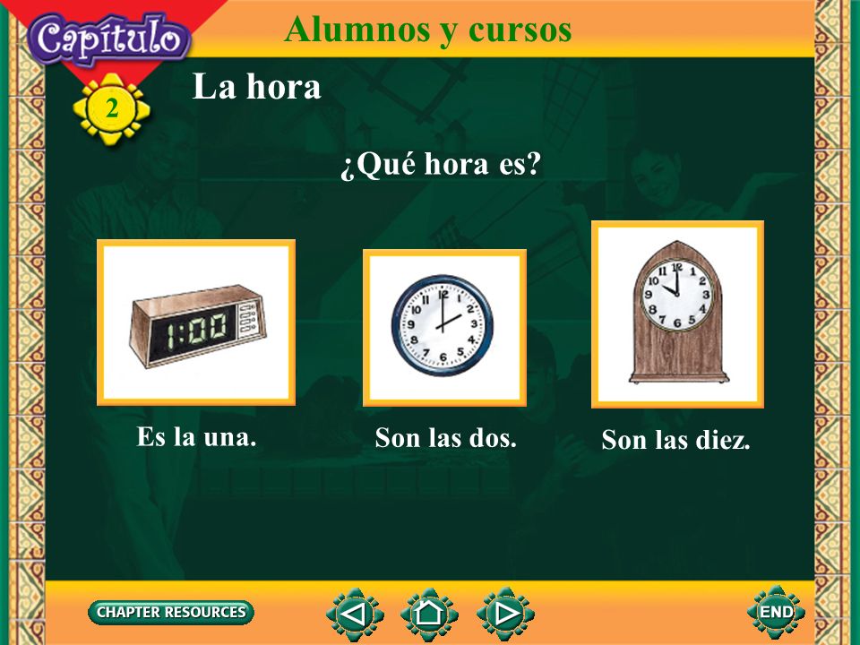 Alumnos y cursos La hora ¿Qué hora es 2 Es la una. Son las dos.