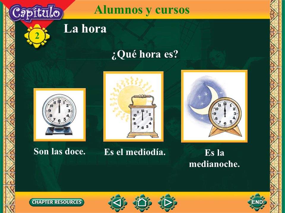 Alumnos y cursos La hora ¿Qué hora es 2 Son las doce. Es el mediodía.