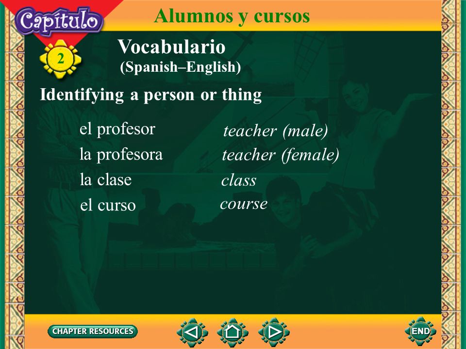 Alumnos y cursos Vocabulario Identifying a person or thing el profesor