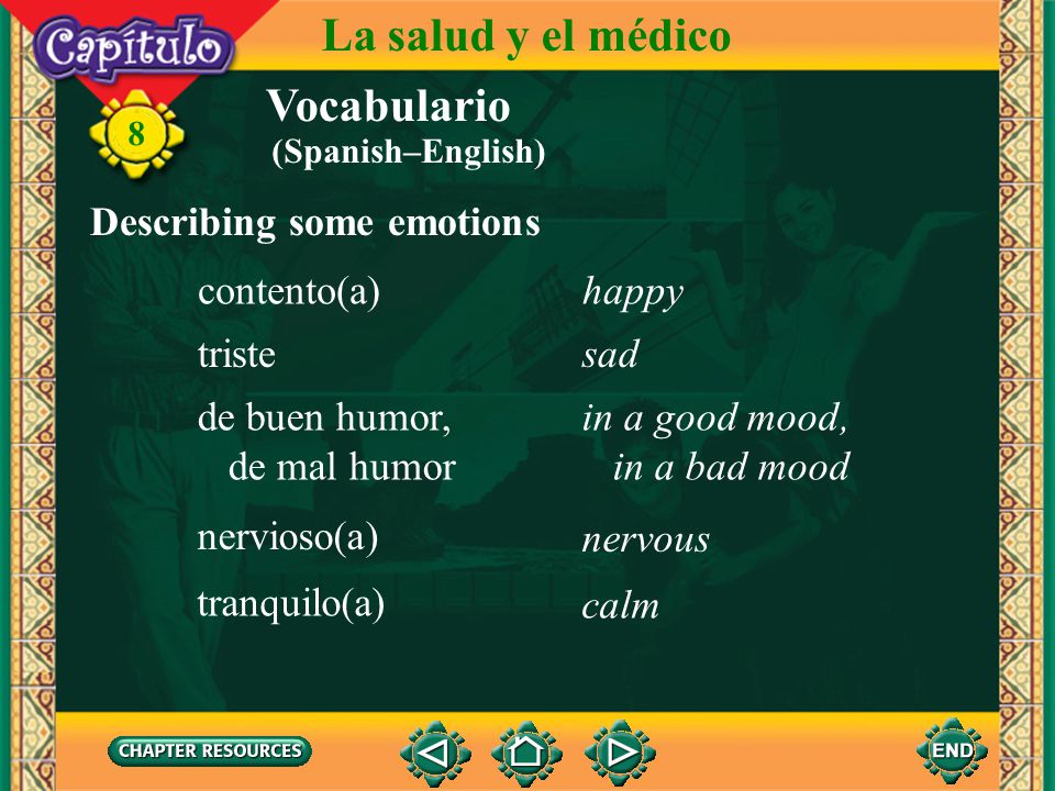 La salud y el médico Vocabulario Describing some emotions contento(a)