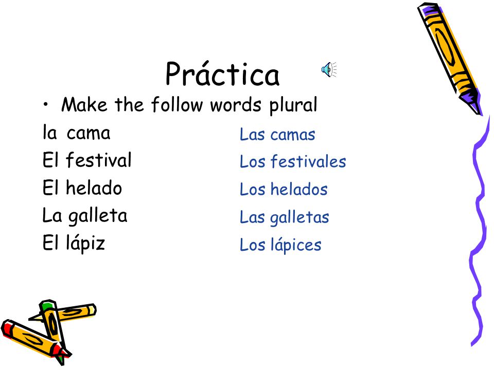 Práctica Make the follow words plural la cama El festival El helado