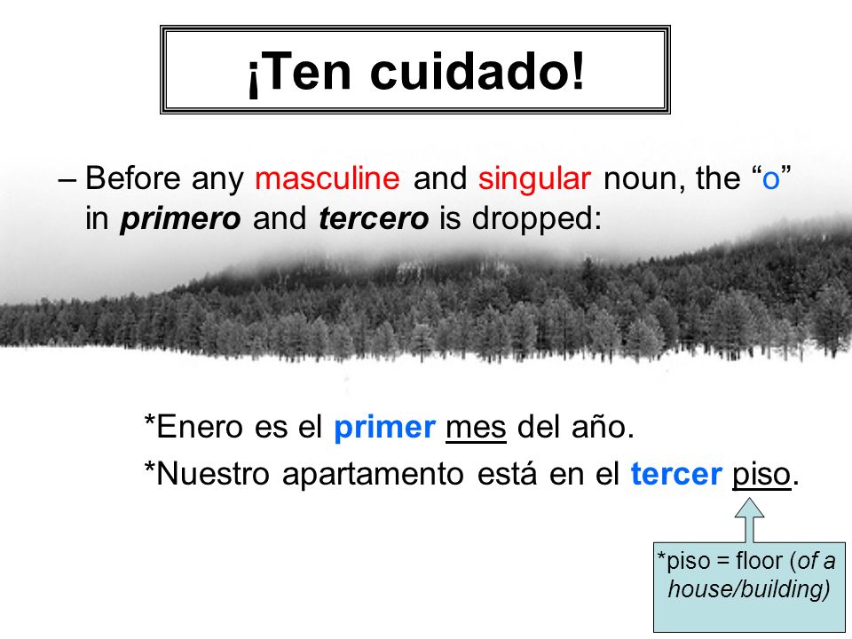 ¡Ten cuidado! Before any masculine and singular noun, the o in primero and tercero is dropped: *Enero es el primer mes del año.