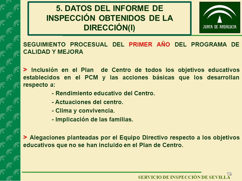 5. DATOS DEL INFORME DE INSPECCIÓN OBTENIDOS DE LA DIRECCIÓN(I)