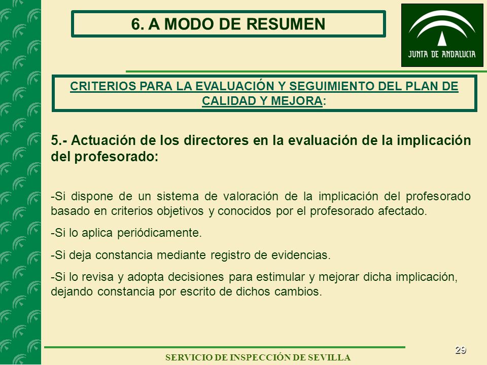 6. A MODO DE RESUMEN CRITERIOS PARA LA EVALUACIÓN Y SEGUIMIENTO DEL PLAN DE CALIDAD Y MEJORA: