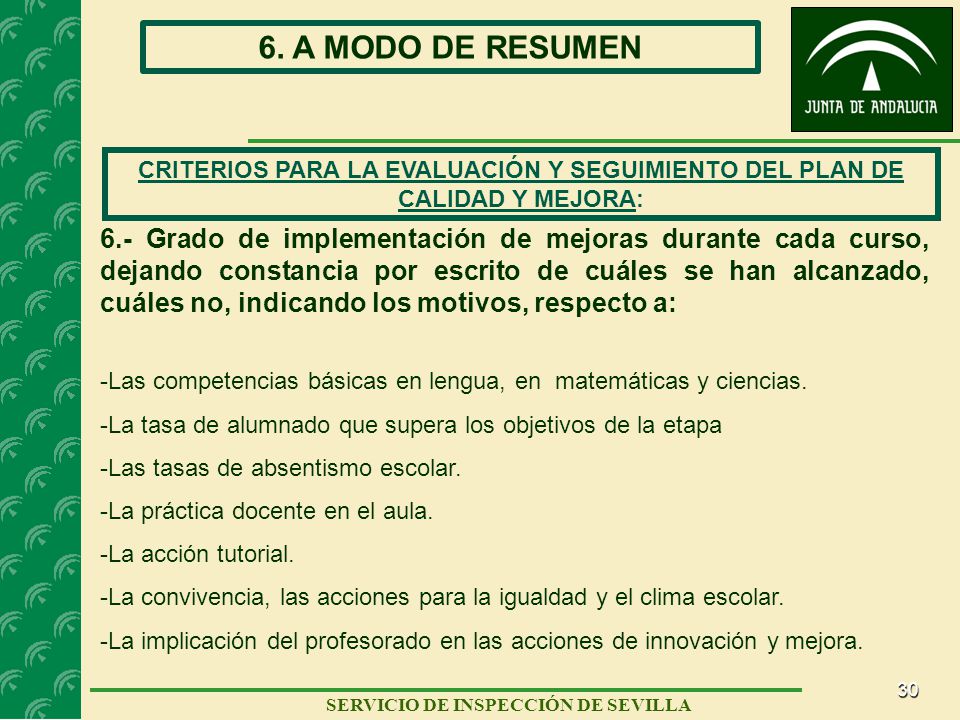 6. A MODO DE RESUMEN CRITERIOS PARA LA EVALUACIÓN Y SEGUIMIENTO DEL PLAN DE CALIDAD Y MEJORA: