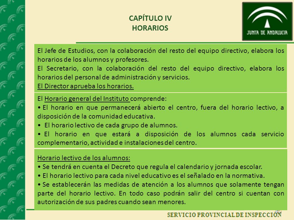 CAPÍTULO IV HORARIOS. El Jefe de Estudios, con la colaboración del resto del equipo directivo, elabora los horarios de los alumnos y profesores.