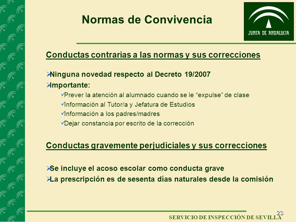 Normas de Convivencia Conductas contrarias a las normas y sus correcciones. Ninguna novedad respecto al Decreto 19/2007.