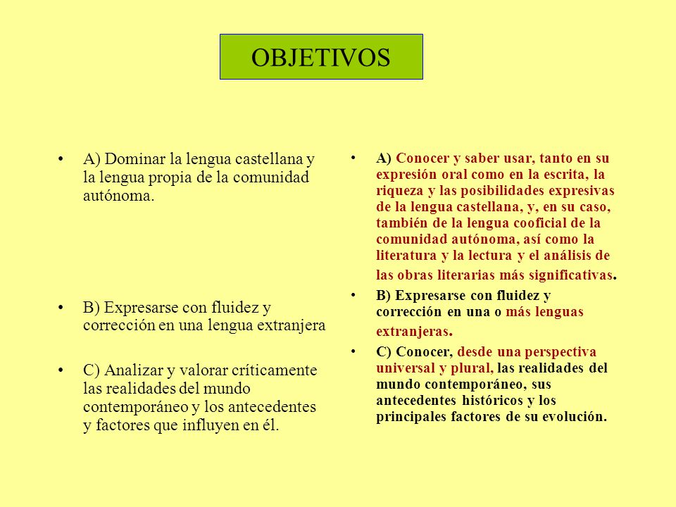 OBJETIVOS A) Dominar la lengua castellana y la lengua propia de la comunidad autónoma.