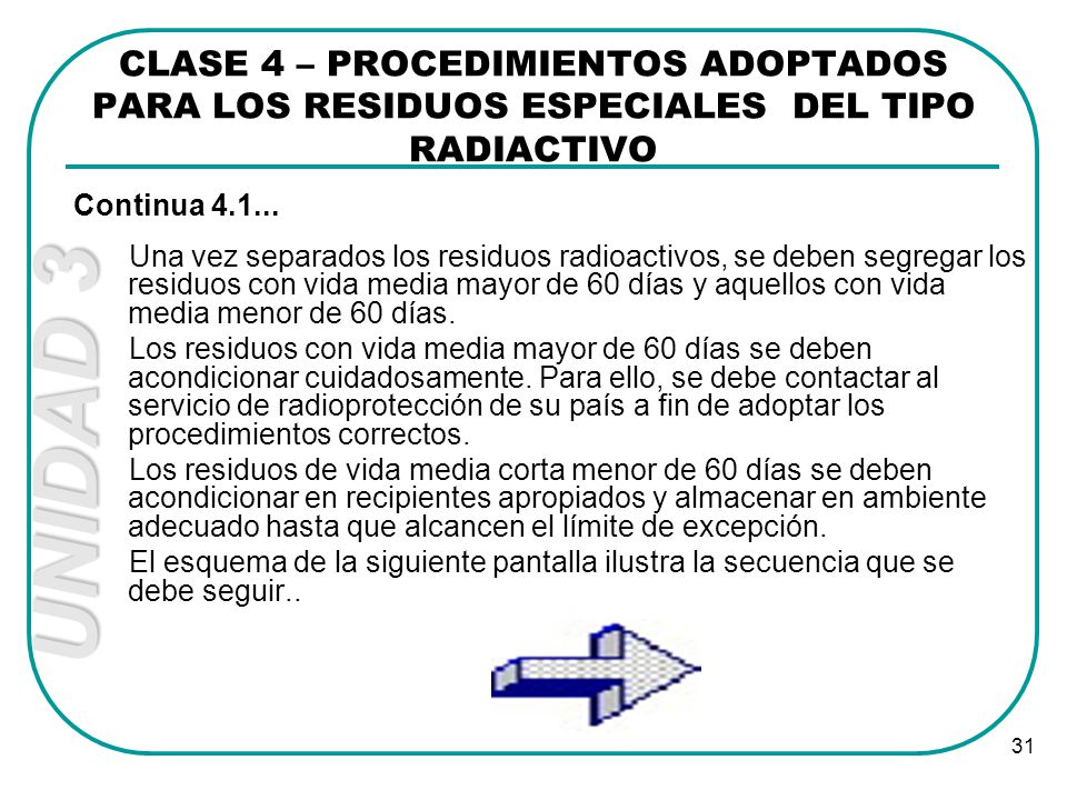 CLASE 4 – PROCEDIMIENTOS ADOPTADOS PARA LOS RESIDUOS ESPECIALES DEL TIPO RADIACTIVO