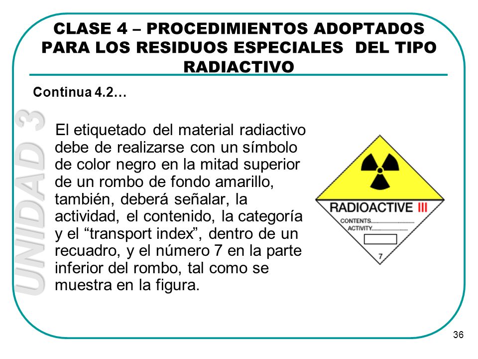 CLASE 4 – PROCEDIMIENTOS ADOPTADOS PARA LOS RESIDUOS ESPECIALES DEL TIPO RADIACTIVO