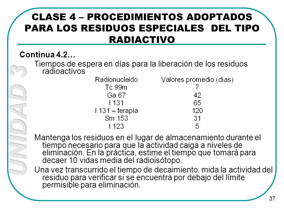 CLASE 4 – PROCEDIMIENTOS ADOPTADOS PARA LOS RESIDUOS ESPECIALES DEL TIPO RADIACTIVO