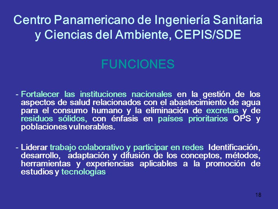 Centro Panamericano de Ingeniería Sanitaria y Ciencias del Ambiente, CEPIS/SDE FUNCIONES