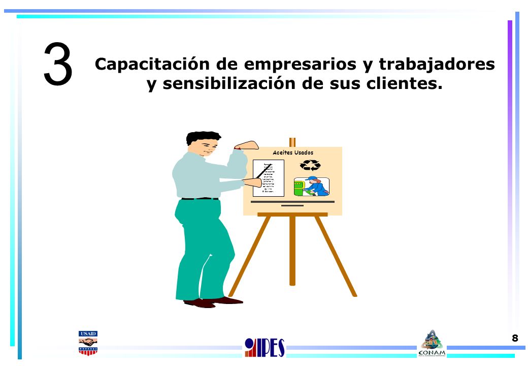 3 Capacitación de empresarios y trabajadores y sensibilización de sus clientes. Aceites Usados. Fomentar.
