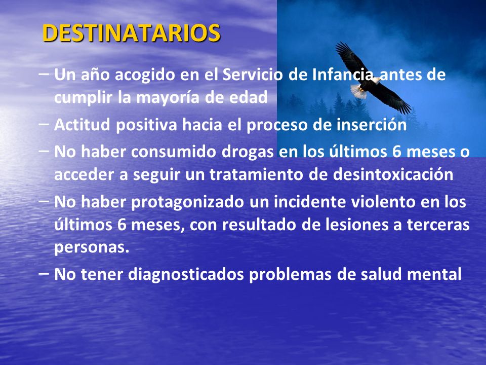 DESTINATARIOS Un año acogido en el Servicio de Infancia antes de cumplir la mayoría de edad. Actitud positiva hacia el proceso de inserción.