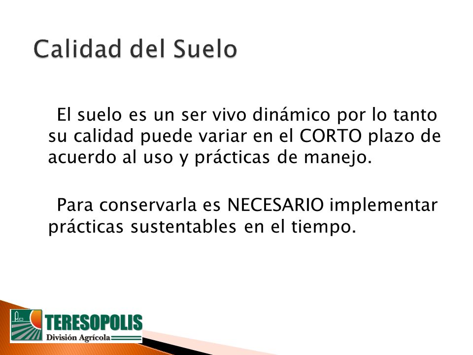 Calidad del Suelo El suelo es un ser vivo dinámico por lo tanto su calidad puede variar en el CORTO plazo de acuerdo al uso y prácticas de manejo.
