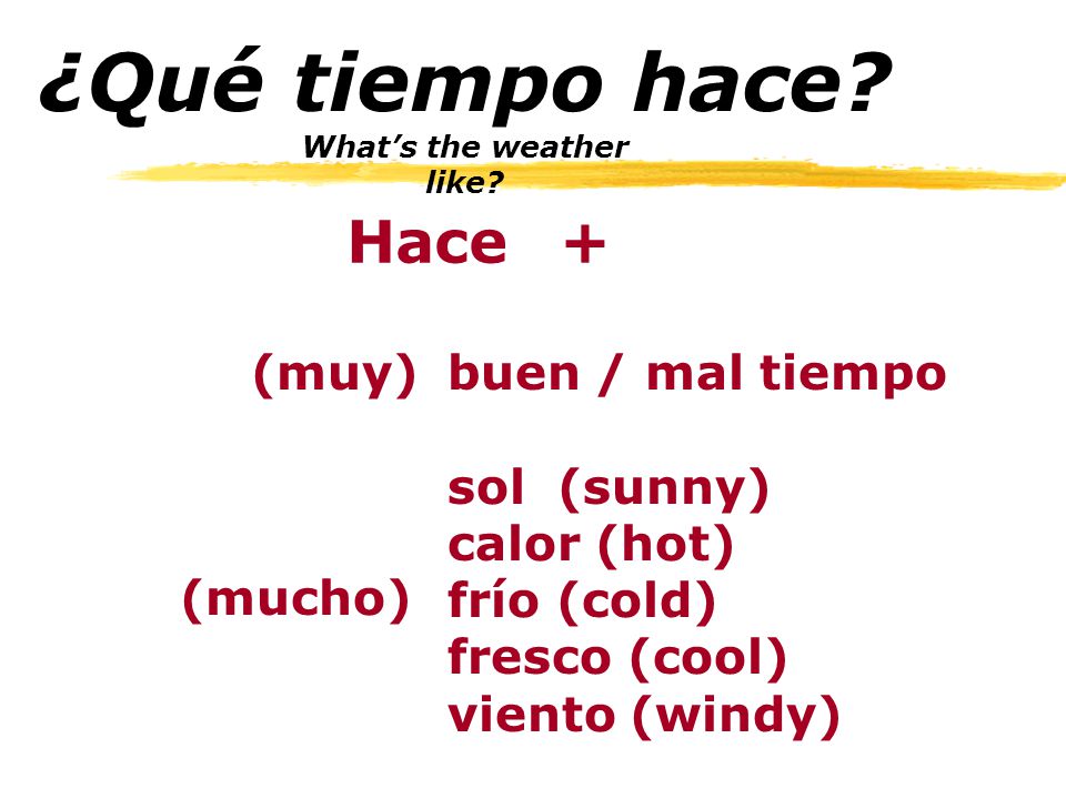 ¿Qué tiempo hace Hace + (muy) buen / mal tiempo sol (sunny)