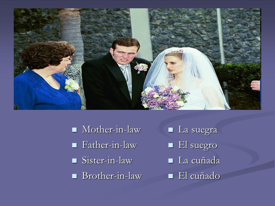 Mother-in-law Father-in-law Sister-in-law Brother-in-law La suegra El suegro La cuñada El cuñado
