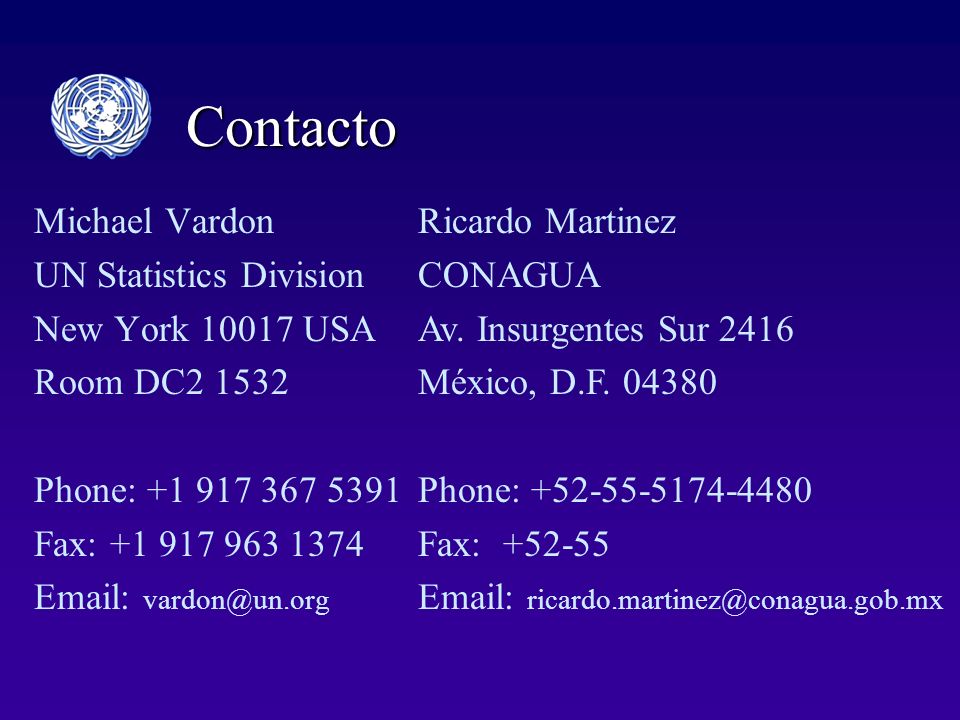 Contacto Michael Vardon UN Statistics Division New York USA