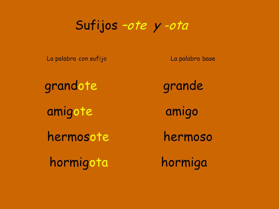 Sufijos –ote y -ota grandote grande amigote amigo hermosote hermoso