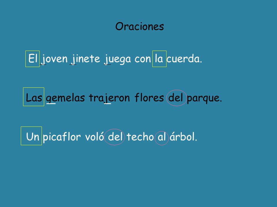 Oraciones El joven jinete juega con la cuerda. Las gemelas trajeron flores del parque.