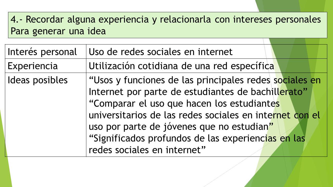 4.- Recordar alguna experiencia y relacionarla con intereses personales