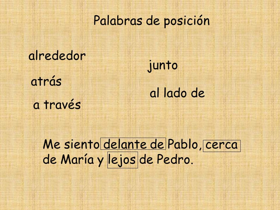 Palabras de posición alrededor. junto. atrás. al lado de.