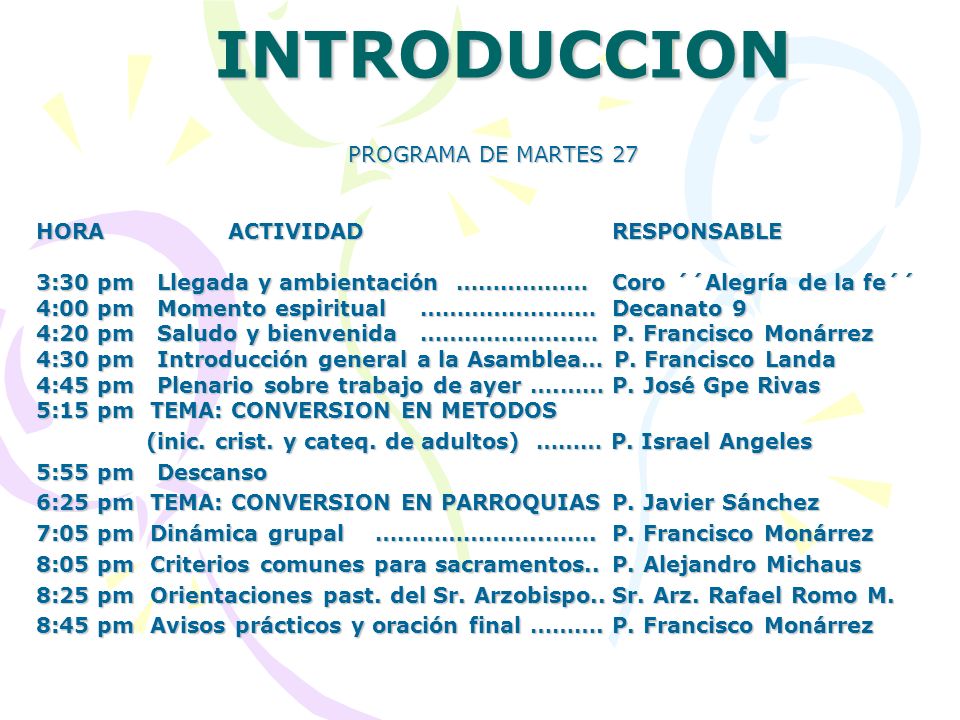 INTRODUCCION PROGRAMA DE MARTES 27 HORA ACTIVIDAD RESPONSABLE
