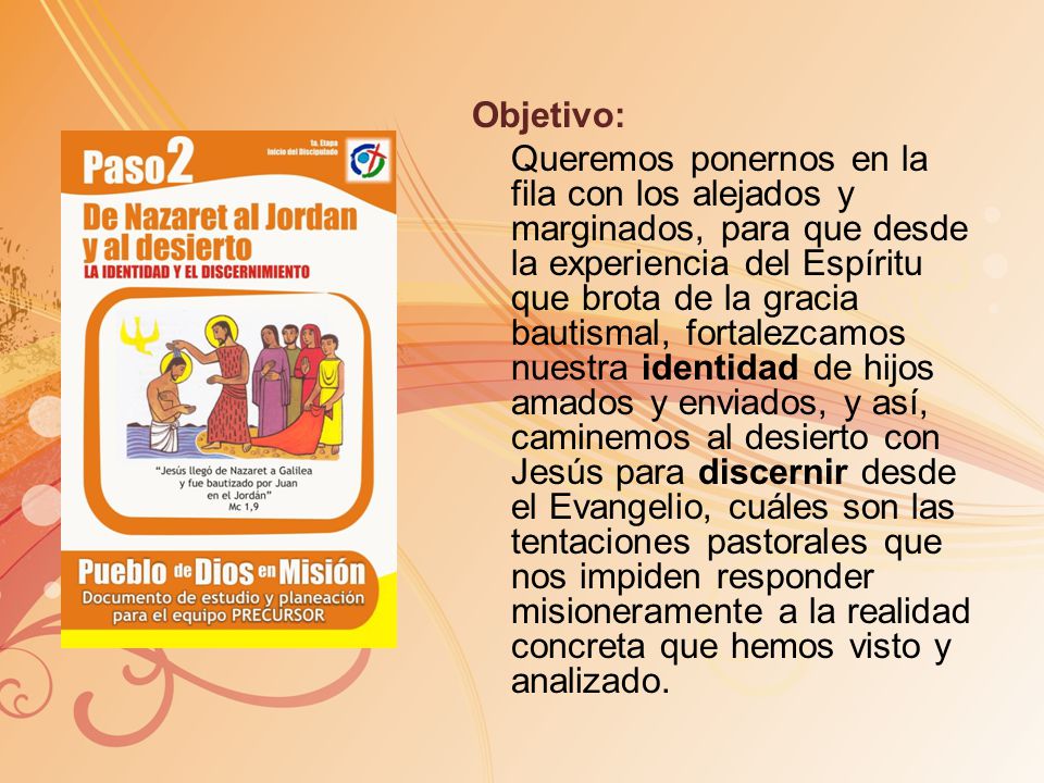 Objetivo: Queremos ponernos en la fila con los alejados y marginados, para que desde la experiencia del Espíritu que brota de la gracia bautismal, fortalezcamos nuestra identidad de hijos amados y enviados, y así, caminemos al desierto con Jesús para discernir desde el Evangelio, cuáles son las tentaciones pastorales que nos impiden responder misioneramente a la realidad concreta que hemos visto y analizado.