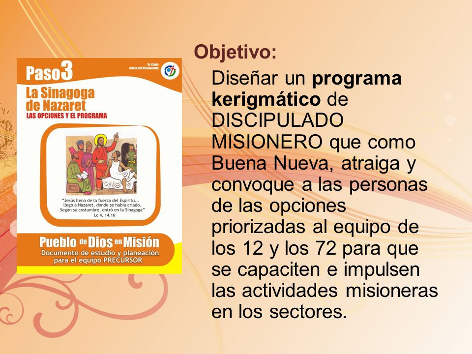 Objetivo: Diseñar un programa kerigmático de DISCIPULADO MISIONERO que como Buena Nueva, atraiga y convoque a las personas de las opciones priorizadas al equipo de los 12 y los 72 para que se capaciten e impulsen las actividades misioneras en los sectores.
