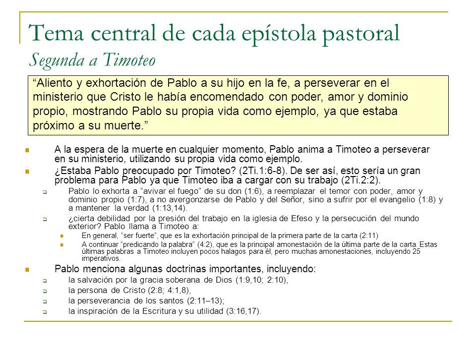 Tema central de cada epístola pastoral Segunda a Timoteo