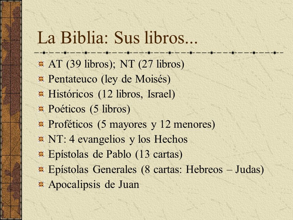 La Biblia: Sus libros... AT (39 libros); NT (27 libros)